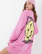 Asos Design Oversized Long Sleeve T-shirt Dress In Pink With Yellow Face Graphic