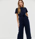 Warehouse Cropped Jumpsuit With Belt In Navy - Navy