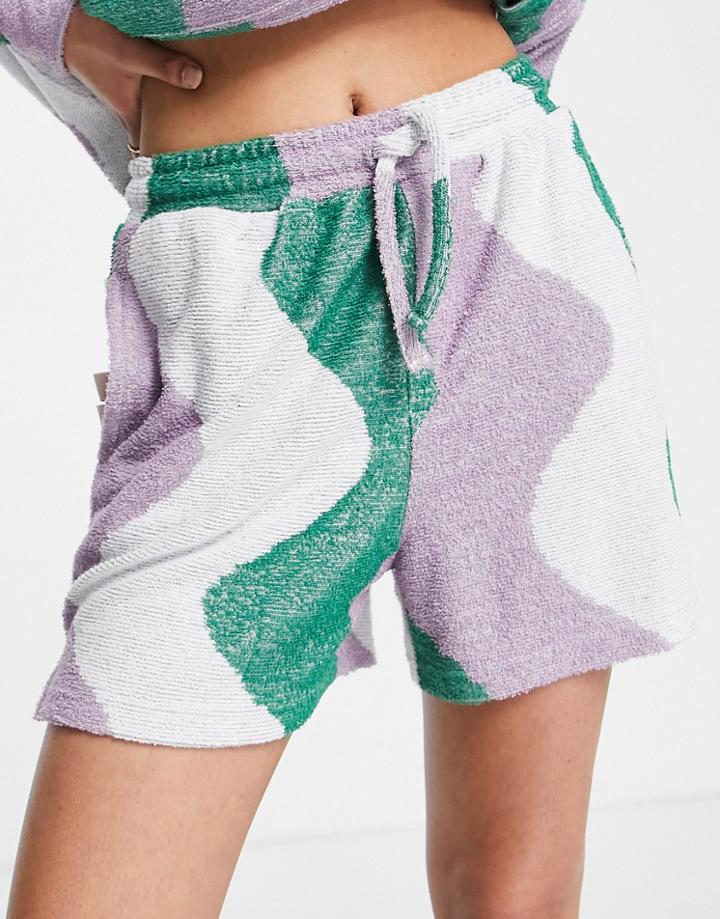 Damson Madder Wave Print Towelling Shorts In Green - Part Of A Set-multi