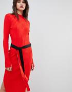Hugo Ribbed Knit Dress With Logo Belt - Orange