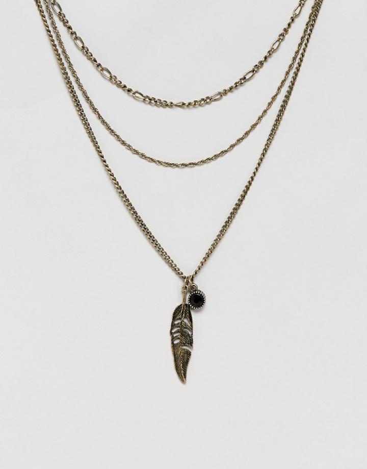 Asos Design Multi Layered Necklace Pack With Feather In Burnished Gold Tone - Gold