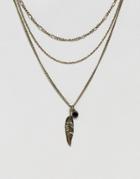 Asos Design Multi Layered Necklace Pack With Feather In Burnished Gold Tone - Gold