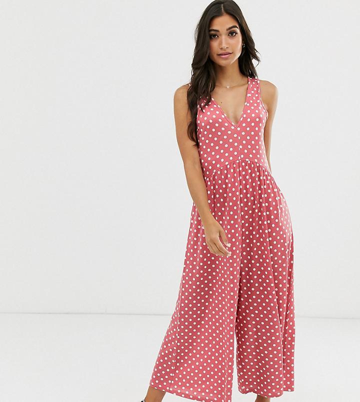 Asos Design Petite Curved Smock Jumpsuit In Rose Polka Dot-multi