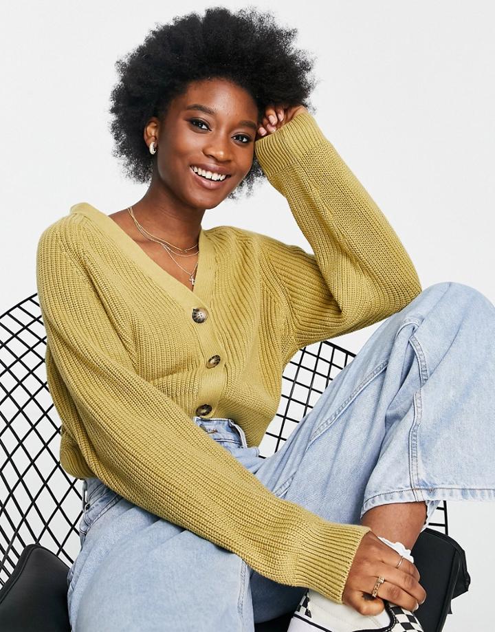 Monki Zeta Organic Cotton Ribbed Cardigan In Olive Green