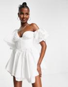 Asos Luxe One Shoulder Cotton Dress With Corset Detail And Ruffles In White