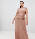 Club L Plus Ruched Detail Slinky Maxi Skirt In Camel - Tan