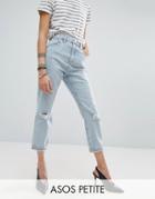 Asos Petite Mom Jeans In Beech Wash With Busted Knees And Chewed Hem - Blue