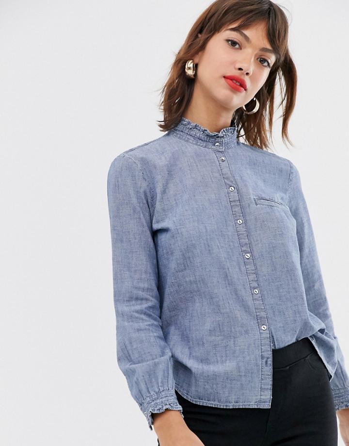 Esprit Ruffle Detail Denim Blouse In Blue