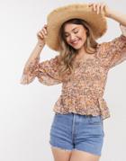 Asos Design Long Sleeve Square Neck Top With Shirring In Sheer Floral Print-multi