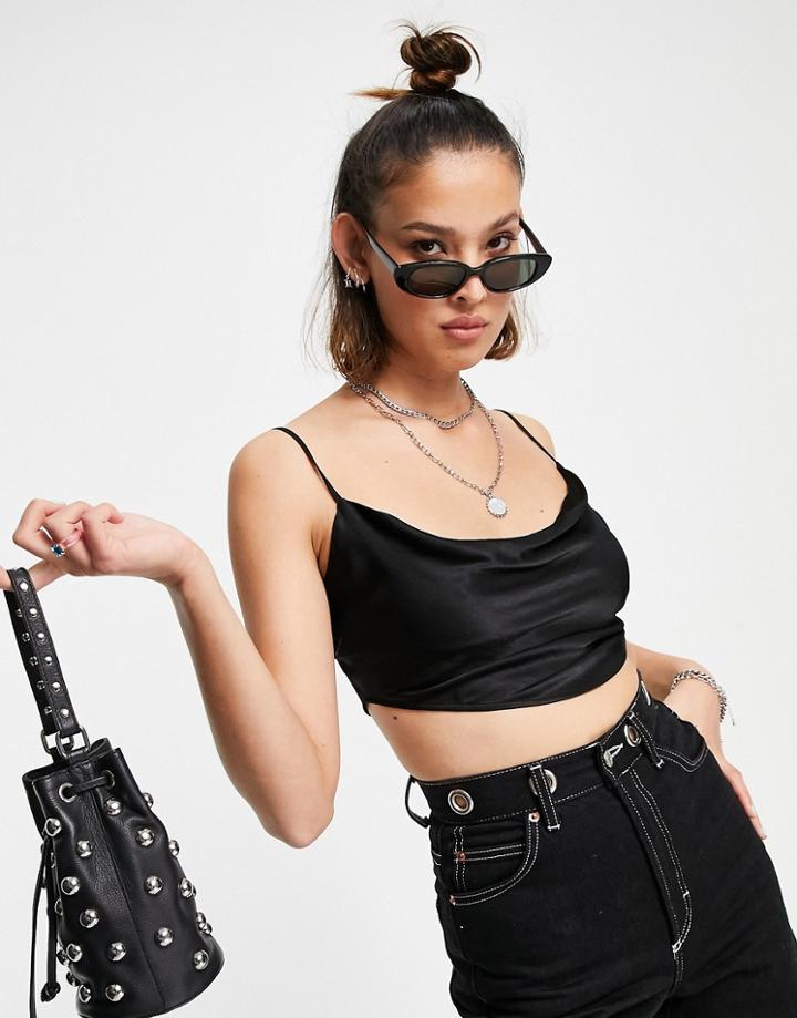 Bershka Cowl Neck Satin 90s Crop Cami In Black