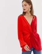 Asos Design Twist Front Top In Color Block - Red