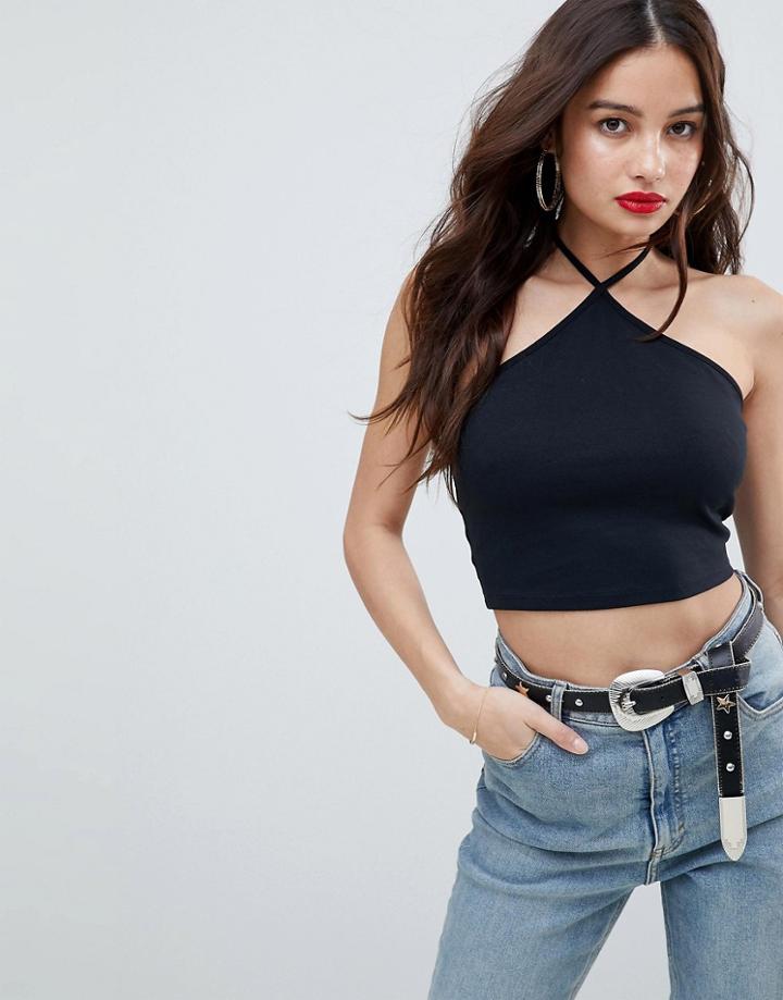 Asos Design Crop Top With Tie Halter - Black