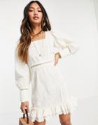 Asos Design Embroidered Square Neck Lace Trim Mini Dress In Cream-white