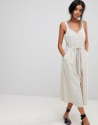 Moon River Button Front Midi Dress - Beige