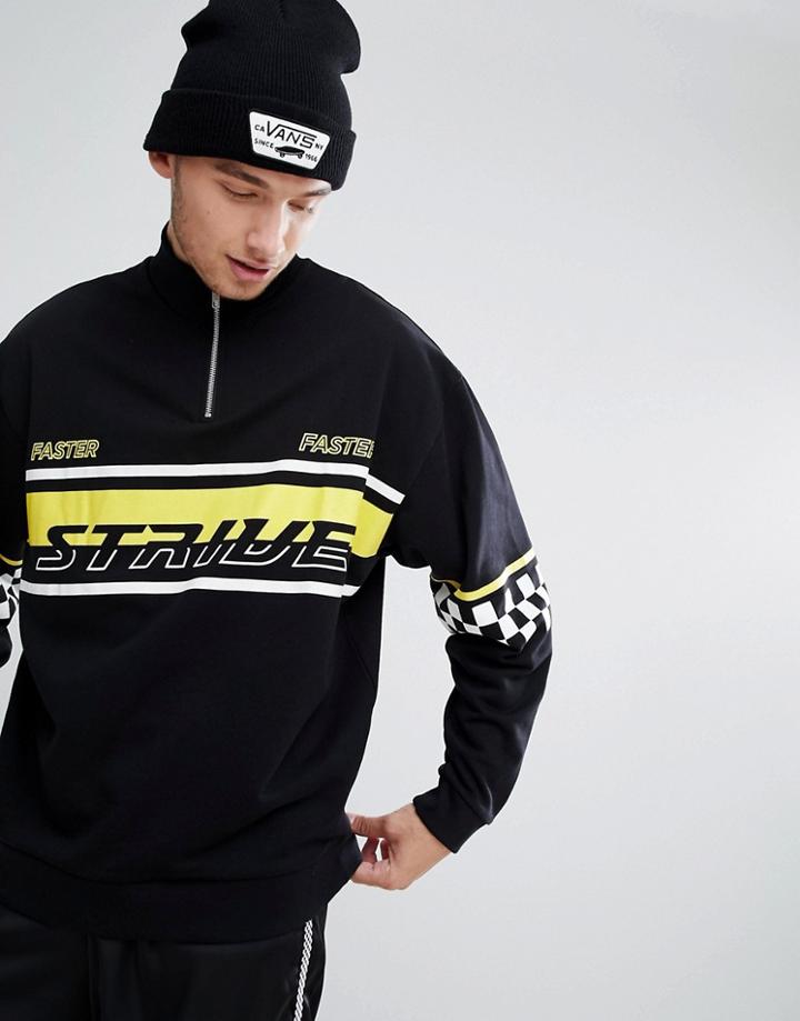 Asos Oversized Half Zip Sweatshirt With Chest & Sleeve Print - Black