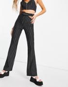 Asos Design Jersey 00s Suit Flare Pants With Cut Out Detail In Pinstripe-multi