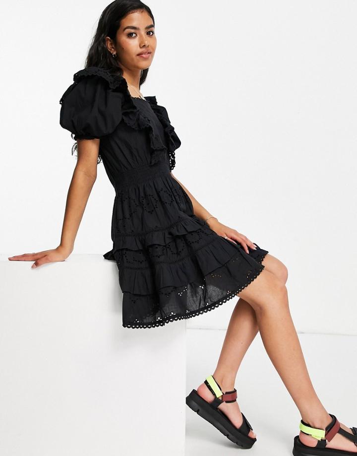 Miss Selfridge Frill Detail Eyelet Mini Dress In Black