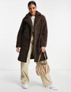 Qed London Double Breasted Sherpa Coat In Chocolate-brown