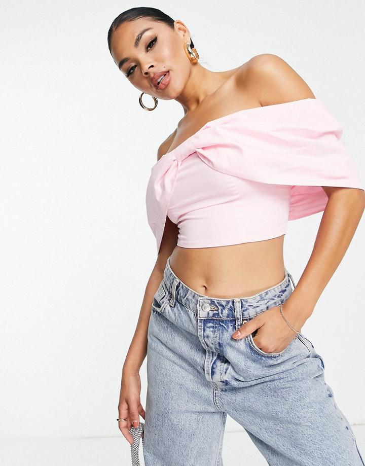 Asos Design Going Out Off Shoulder Top With Bow Front In Pink