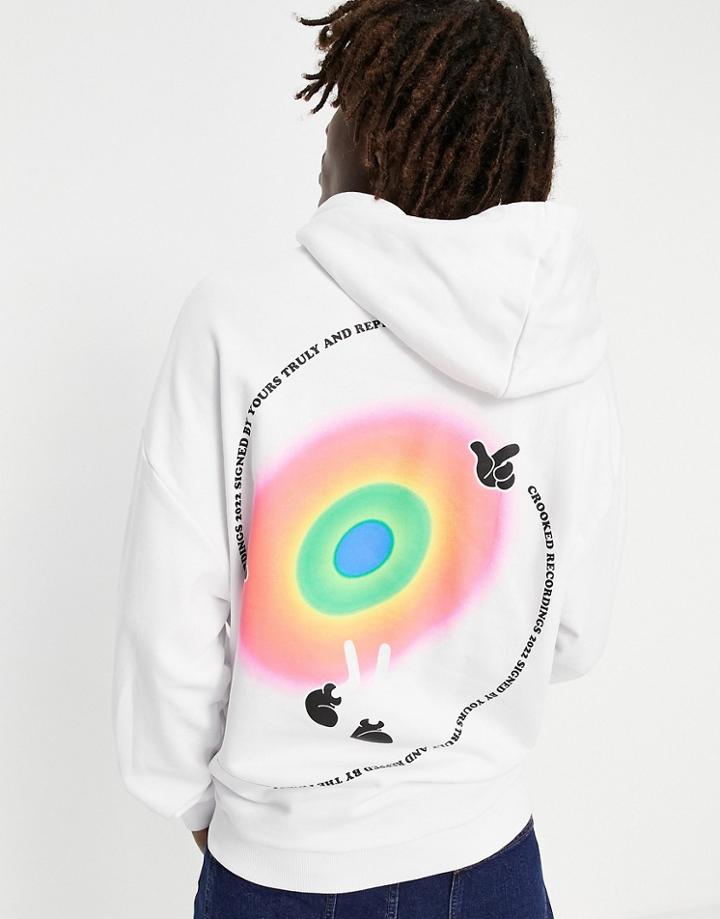 Crooked Tongues Oversized Hoodie With Vortex Swirl Back Graphic Print In White