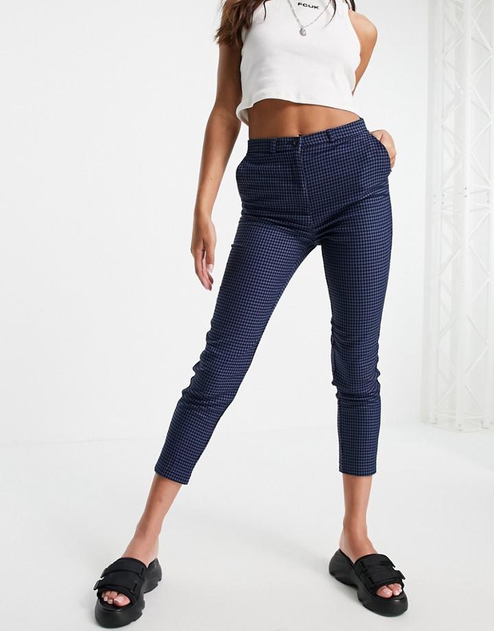 Monki Slim Leg Dogtooth Pants In Blue-blues