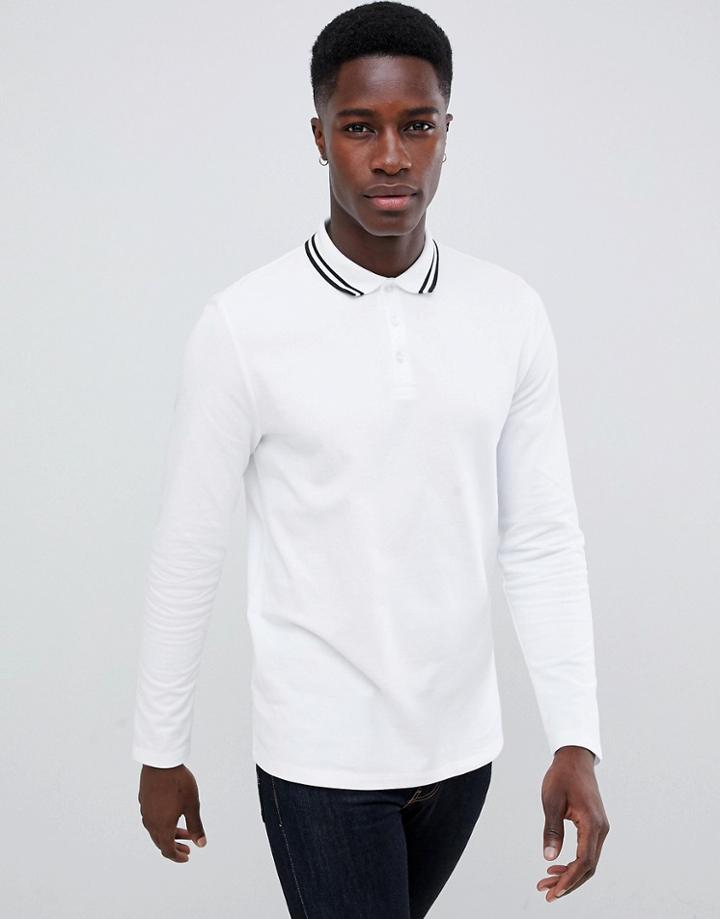 Asos Design Long Sleeve Pique Polo Shirt With Tipping In White - White