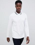 Asos Design Long Sleeve Pique Polo Shirt With Tipping In White - White