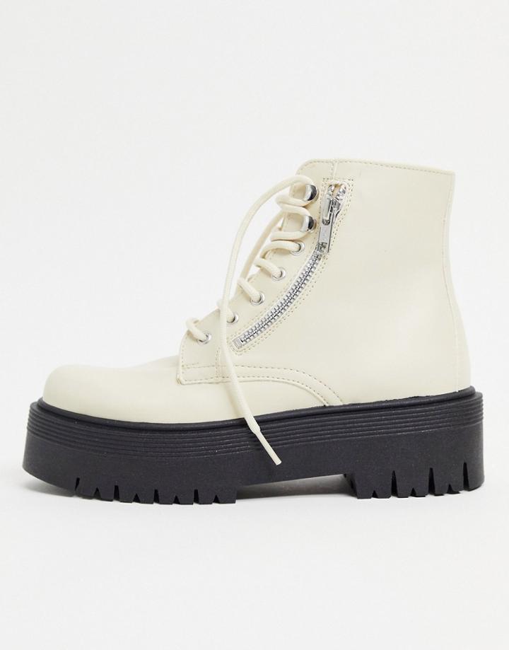 Topshop Zip Detail Chunky Boots In Off White