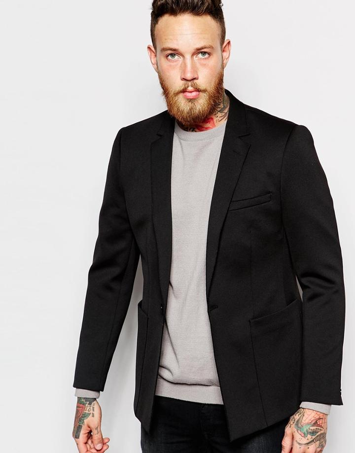Asos Slim Fit Blazer In Neoprene With Raw Edges - Black