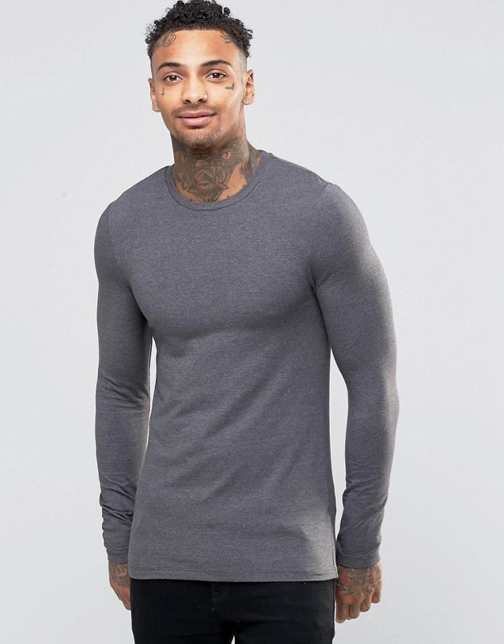 Asos Extreme Muscle Long Sleeve T-shirt With Crew Neck In Charcoal - Charcoal