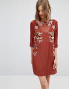 Asos Premium Shift Dress With Tiger Embroidery - Brown