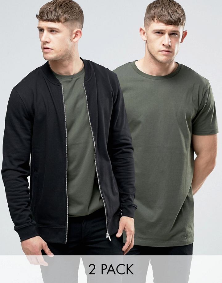 Asos Jersey Bomber/longline T-shirt 2 Pack Black/ Khaki Save 15%