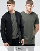 Asos Jersey Bomber/longline T-shirt 2 Pack Black/ Khaki Save 15%