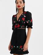 Asos Design Button Through Embroidered Mini Dress-black