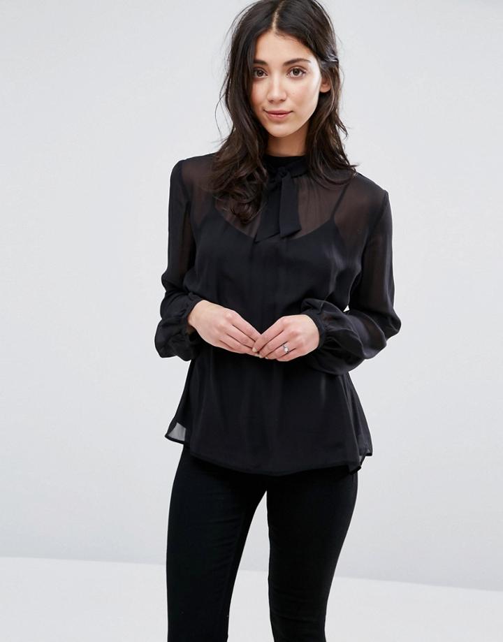 Greylin Anissa Sheer Silk Tie Neck Blouse - Black