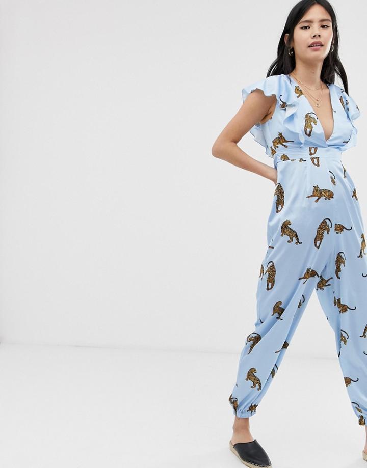 Kiss The Sky Plunge Jumpsuit In Satin Cheetah Print-blue