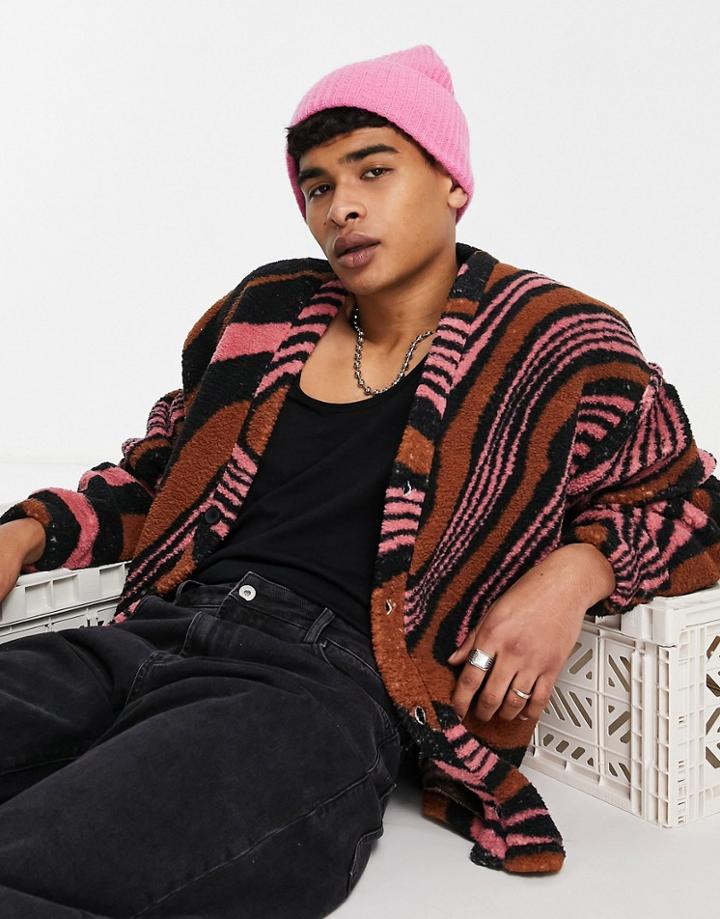 Asos Design Oversized Borg Cardigan In All Over Retro Print-multi