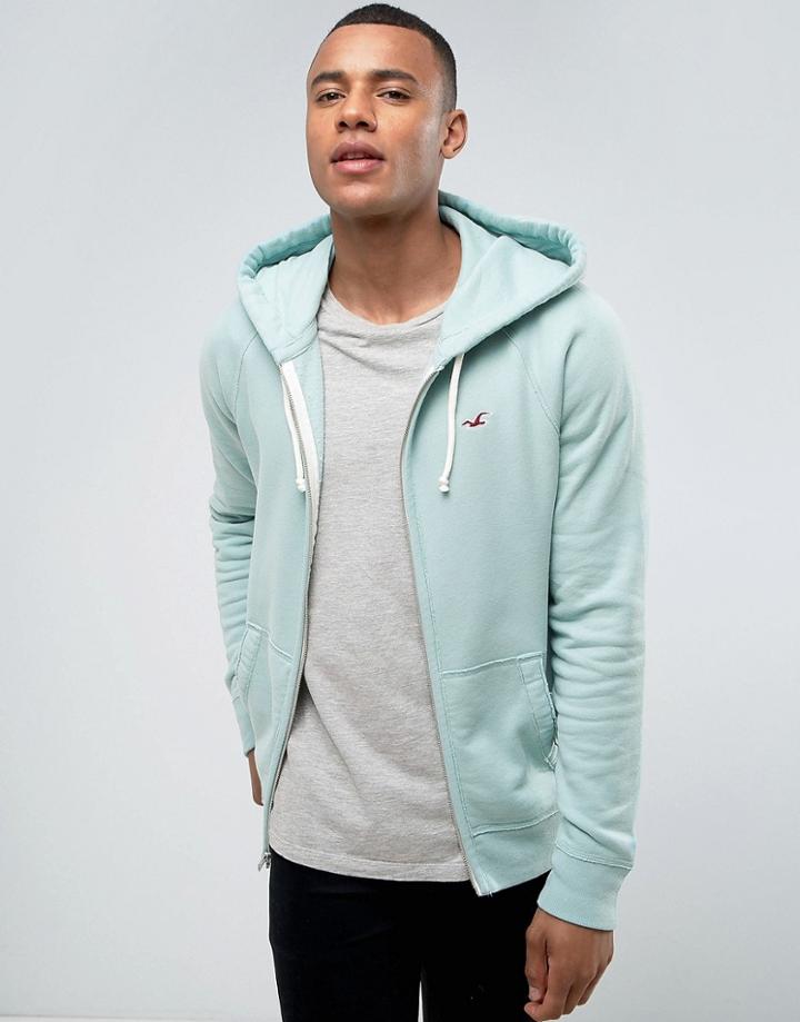 Hollister Zip Through Hoodie Regular Fit Seagull Logo In Turquoise Marl - Blue