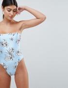 Prettylittlething Floral Bandeau Swimsuit - Blue