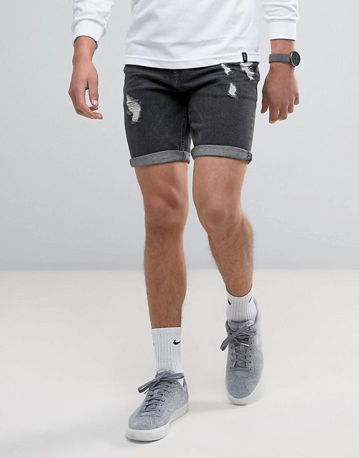 Asos Denim Shorts In Skinny Washed Black With Rips And Shadow Patch - Black