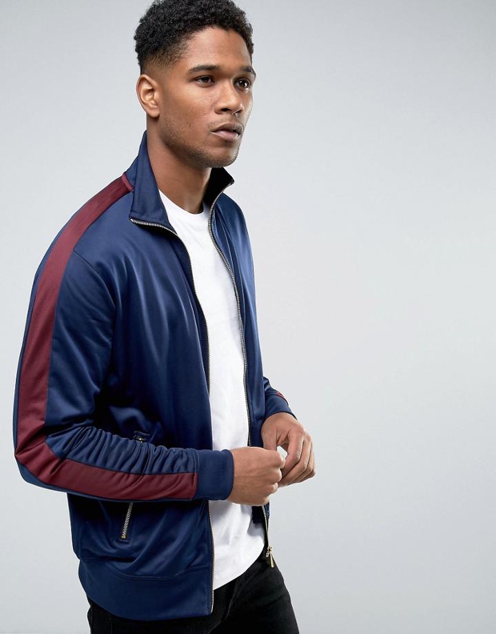 New Look Track Jacket In Navy With Burgundy Stripe - Navy