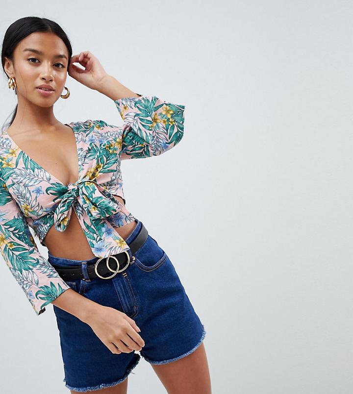 Missguided Petite Tropical Print Tie Front Top - Pink