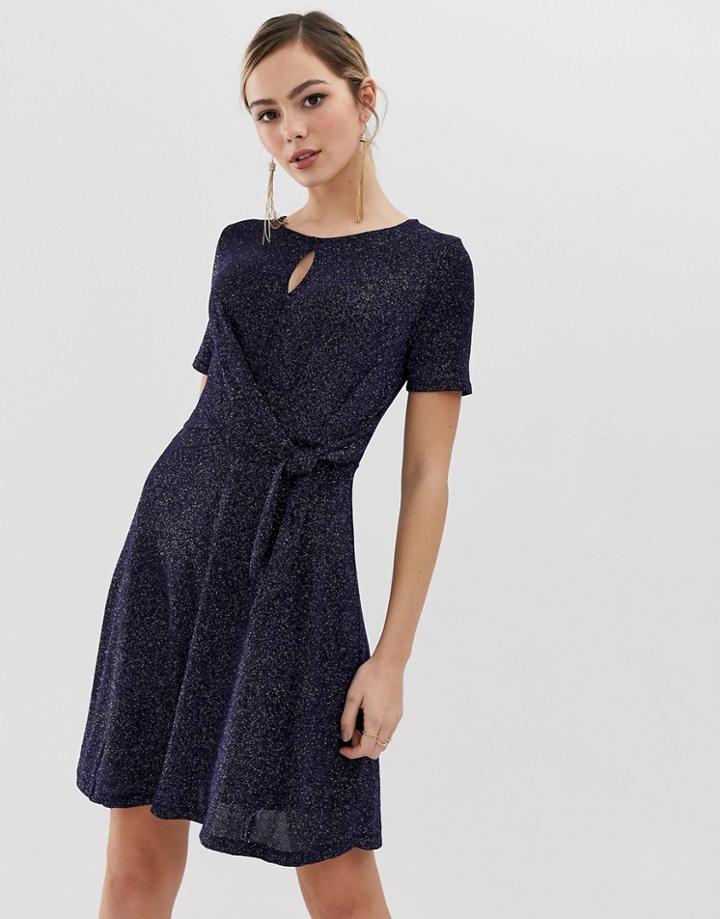 Oasis Glitter Skater Dress With Tie Side In Navy - Navy