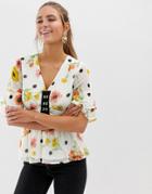 Influence Polka Dot Floral Print Flutter Sleeve Blouse - White