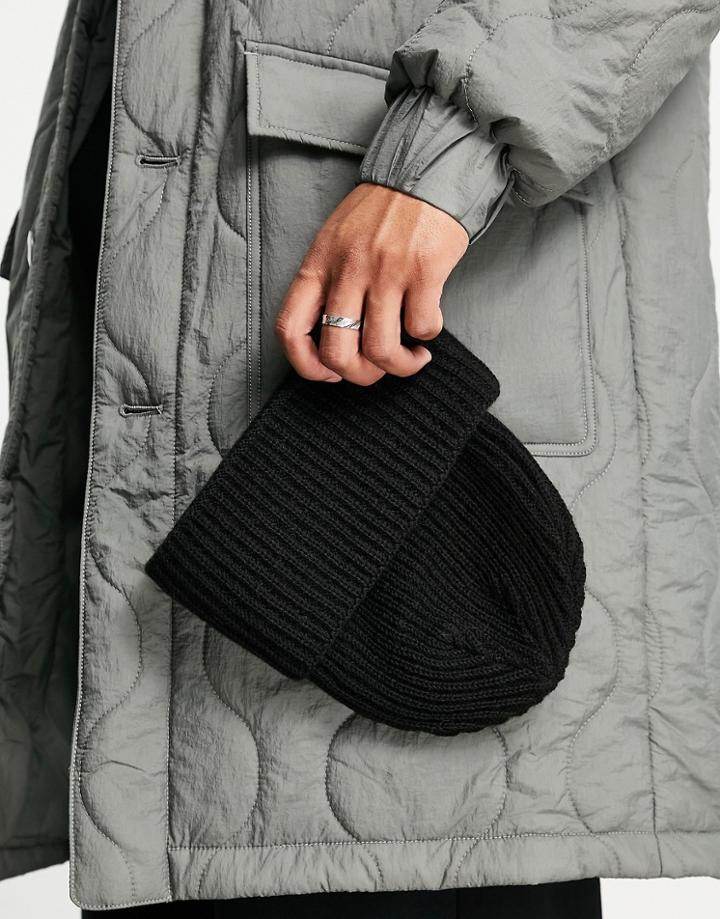 Asos Design Lambswool Rib Beanie With Deep Turn Up In Black