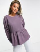 Asos Design Waffle Smock Top With Blouson Sleeve In Burgundy-red