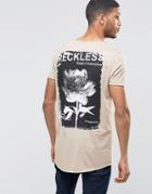 Asos Super Longline T-shirt With Raw Scoop Neck And Curved Hem With Floral Back Print - Blonde