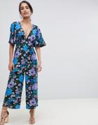 Asos Design Tea Jumpsuit With Empire Seam And Flutter Sleeve In Floral Print-multi