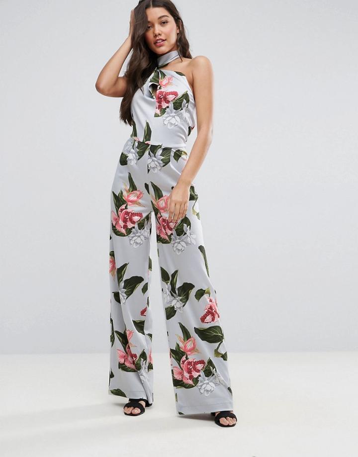 Mango Tropical Print Wide Leg Jumpsuit - Blue