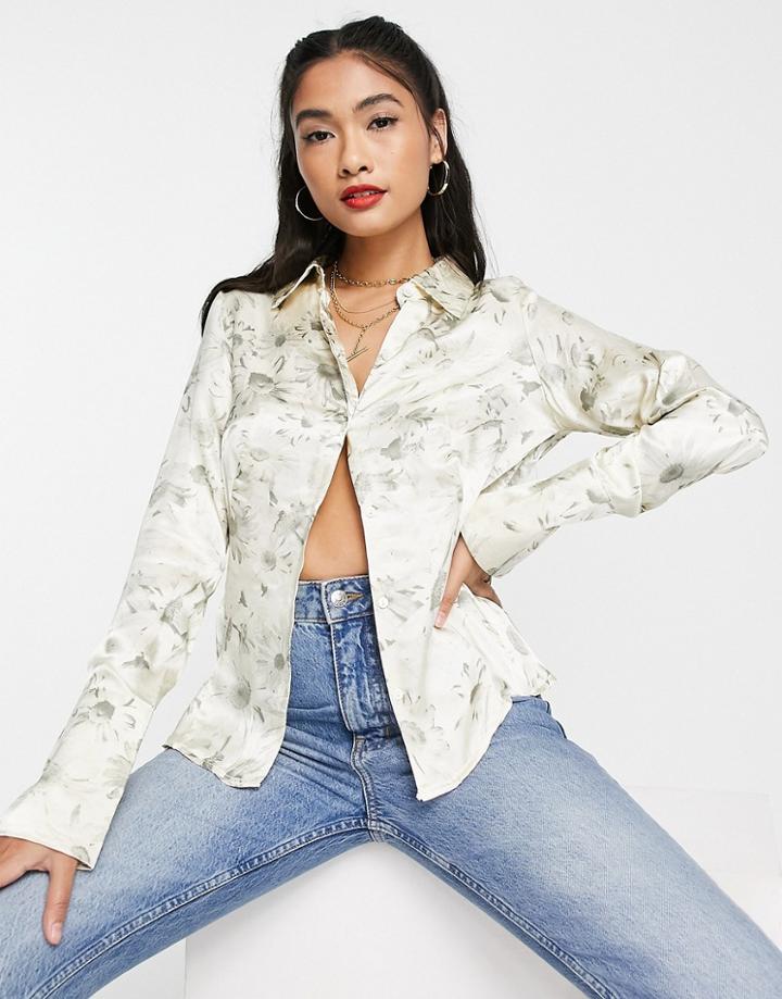 Topshop Daisy Print Fitted Shirt In Monochrome-black